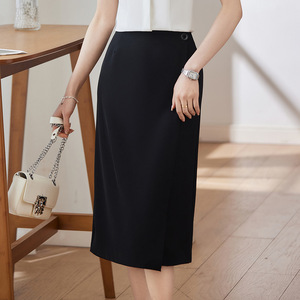 Women's Black Midi A-Line Skirt High Waist Solid Color Professional Formal Wear With Pocket Micro Elasticity - Product Image 3