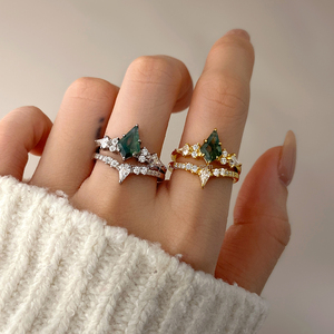 Classic Fashion Gemstone <b>Stack</b> <b>Rings</b> 18K Gold Plated Brass with Moss Agate for Women - Product Image 4