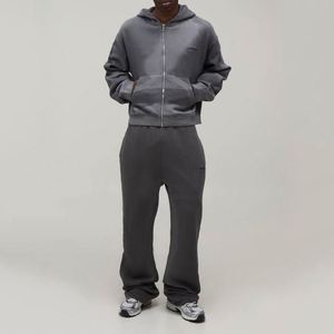 Winter Dark Grey Faded <b>Printed</b> Small Logo Cropped Zip <b>Hoodie</b> Flare Sweatpants Custom Men Two-Piece 100% Cotton Sweatsuit - Product Image 4