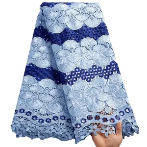 2546 Tissus Africain Guipure Lace Fabric Sky Blue Nigerian Embroidery Flower Cord Lace Fabrics With Bead For Dresses Sew