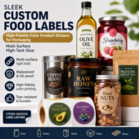 Étiquettes alimentaires holographiques personnalisées YSB Sleek |   Autocollants de produits couleur haute fidélité pour l'emballage |   Adhésif multi-surfaces haute adhérence