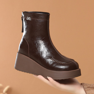 Nouvelles Bottes à Talon Compensé Xuanhui pour Femme, Marron Foncé, Doublure Fourrure, Fermeture Éclair Arrière, Semelle Épaisse Chaude, Plateforme 5 cm, Hiver - Product Image 1