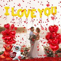 Coeur romantique tenant des ballons de fête d'ours en aluminium décor de pétale de rose pour la proposition de fiançailles anniversaire de la saint-valentin