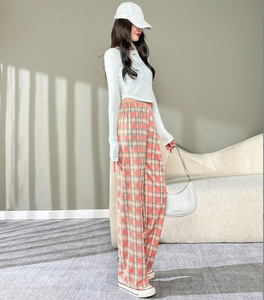 <span class=keywords><strong>Pantalon</strong></span> décontracté à carreaux pour femmes Printemps Drapé Baggy Slim <span class=keywords><strong>Pantalon</strong></span> de pyjama Taille haute <span class=keywords><strong>Pantalon</strong></span> à carreaux à jambe droite - Product Image 5