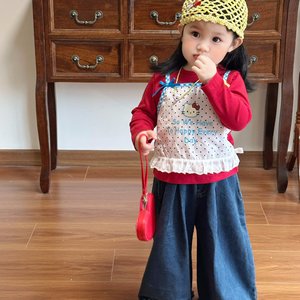 Girls Cartoon Faux Two Piece T Shirt Set Spring Fashion Wide Leg Jeans Set Comfortable Clothing For Kids - Product Image 1