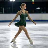 Robe de patinage artistique vert foncé à col en V et dos croisé, manches longues, ornée de strass et de mailles, pour compétition et spectacle (adultes et enfants)