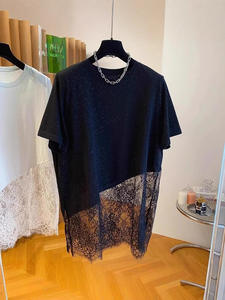 Camiseta de Mujer con Dobladillo de Encaje en Contraste, Vestido Casual con Dobladillo Asimétrico y Detalle de Brillo, a la Moda - Product Image 6