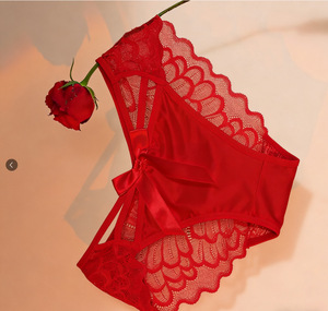 Braguitas de encaje rojas para mujer al por mayor, románticas, transparentes, de malla, sexys, suaves, transpirables, de talle medio, con lazo, OEM ODM - Product Image 4