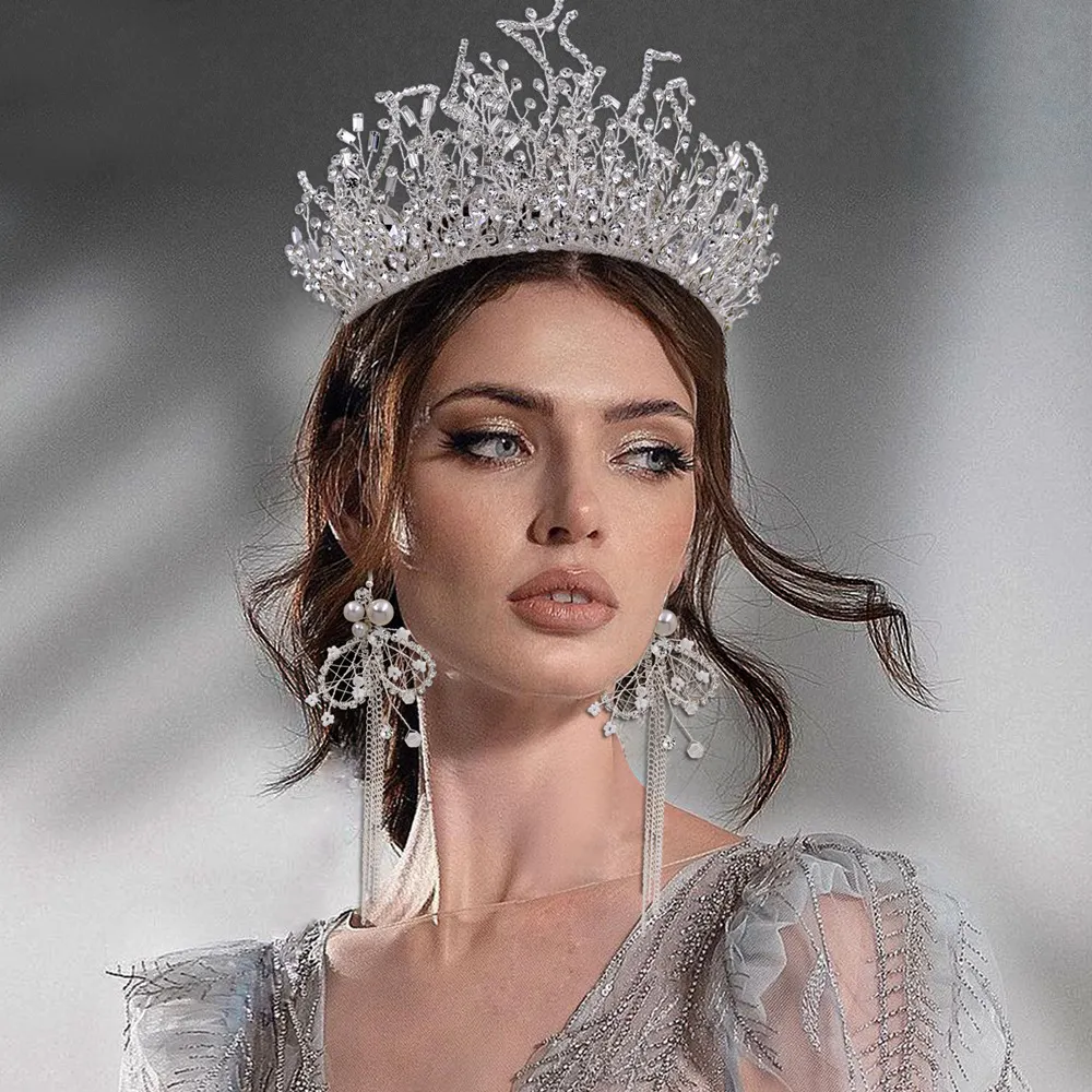 Manik-manik Kristal Mewah Mahkota Rambut Pengantin Pernikahan Aksesori Pengantin Kontes Prom Putri Hiasan Kepala Mahkota Tiara