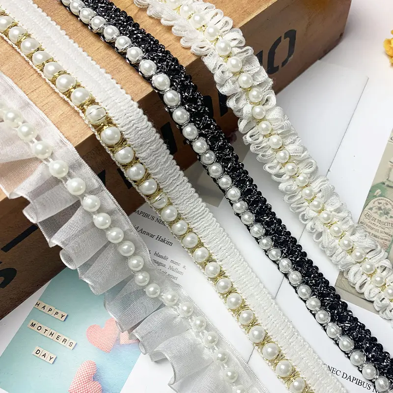 Großhandel mehrfarbige Perlen Perlen Braut Spitze Stoff Material weiße Perle Spitze Prinzessin Kleid