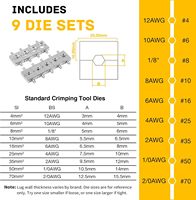 Outil de sertissage hydraulique de 10 tonnes, sertisseur de câbles de batterie de 12 à 2/0 AWG |   Crimps hexagonaux propres et uniformes, 9 matrices (12 AWG-2/0 AWG et 1/8")