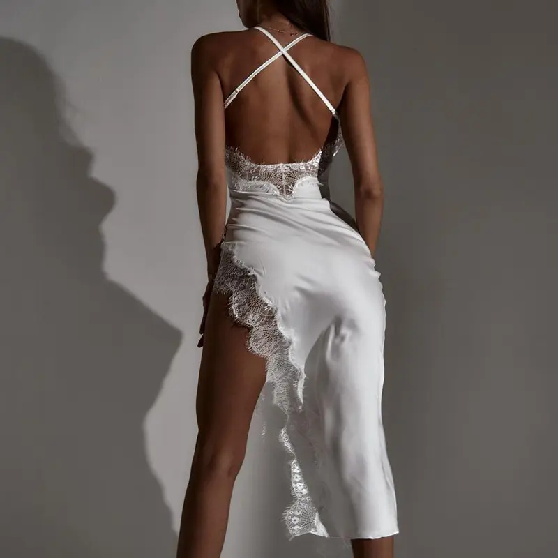 Custom summer fashion sexy backless slim lace halter women dress luxury slit silk skirt for ladies sexy satin women dress