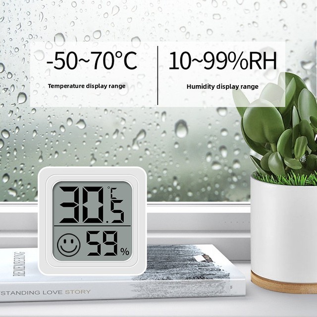 Mini Smiley Digital Temperature & Humidity Meter with Double-Sided Tape IP57 Protection 0.1 Accuracy for Indoor Home Office Use