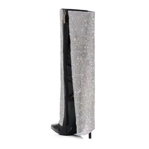 Women Diamonds Folded Over Knee High Boots Stiletto Thin Heels Shiny Bling Rhinestone Shoes Overlay Pointy Toe Long <b>Booties</b> - Product Image 3