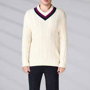 Custom Logo OEM ODM Men's Cable Knit V-Neck <b>Jumper</b> GOTS Cotton <b>Thick</b> Winter Pullover Regular Sleeve Knitted Sweater - Product Image 4