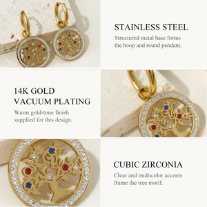 Pendientes de Aro con Diseño de Árbol, Acero Inoxidable, Chapado al Vacío en Oro de 14K, Circonita Cúbica Multicolor, Gotas Redondas - Product Image 4