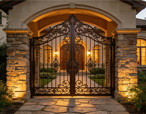 <span class=keywords><strong>Portail</strong></span> d'entrée de villa en fer forgé noir ou marron avec design à battants, clôture commerciale, portails d'entrée - Product Image 1