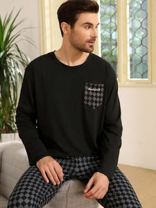 Vêtements de nuit à col rond et poche à carreaux pour hommes Ensemble de pyjama avec pantalon à manches longues Mode pyjama en coton pour hommes Ensemble de vêtements de détente confortables - Product Image 5