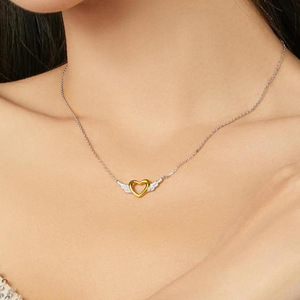 Fashion Hollow Heart <b>Angel</b> Wing Pendant Necklace for Women Two Tone <b>Gift</b> Neck Chain - Product Image 4