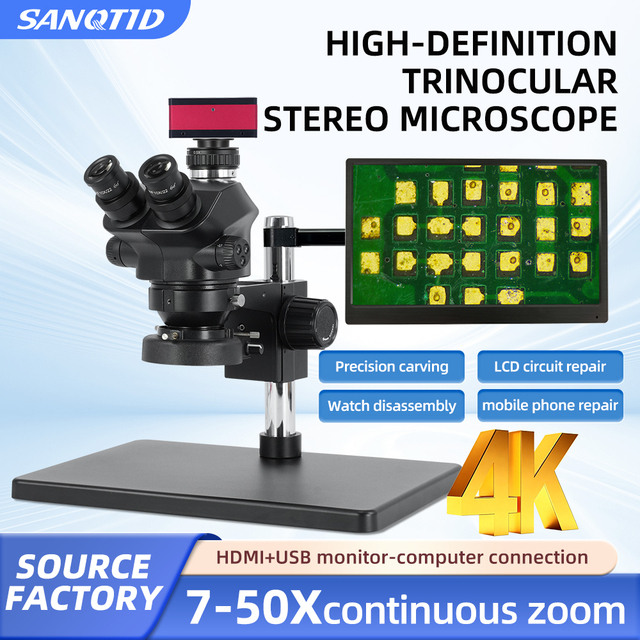 SANQTID TD-750P-4KH Trinocular Multi-Directional Microscope Magnifier Stand 4K Camera Mobile Repair Microscope