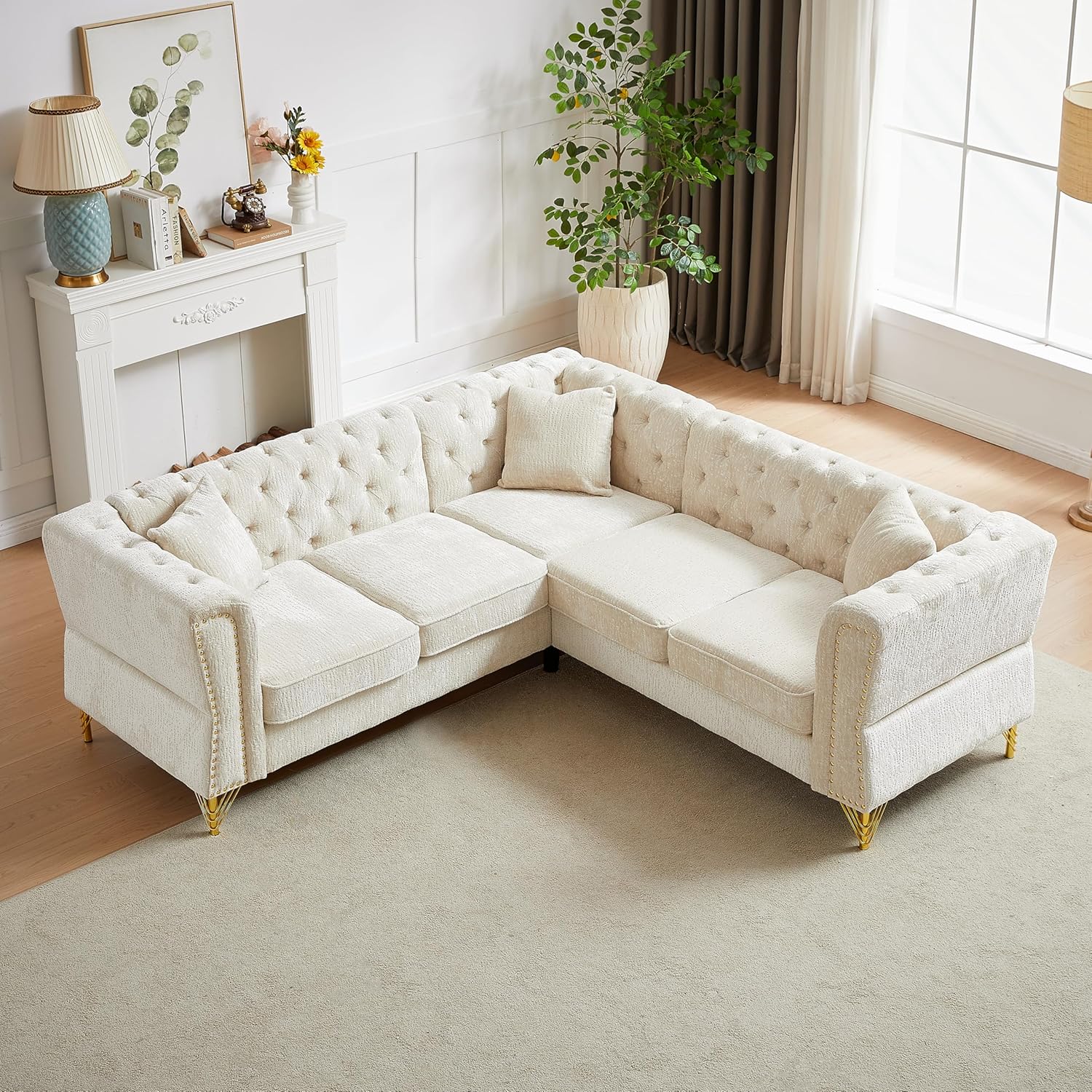 Beige - 81.5-inch l-shaped chesterfield sectional sofa