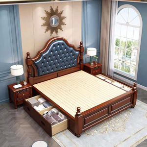 Dazhang Jiaju American Style 1.8m Solid Wood High Box Platform <b>Bed</b> Mahogany <b>Soft</b> Headboard Master Bedroom Furniture - Product Image 3