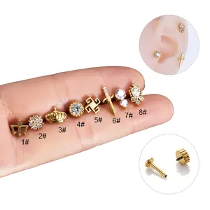 ASTM F136 Titanium Flat Back Ear Piercing Nickel Free Internal Thread CZ Stud Piercing Jewelry Hypoallergenic Tragus Piercing