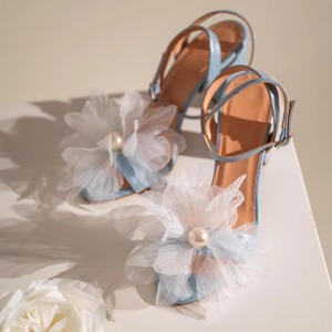 Women's Sandals Slingback Open Round Toe Heeled Sandals Femme Ankle Strap Blue Bridal Shoes with White Flower Wedding Shoes - Product Image 1