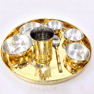 Round Metal Dinnerware Set Gold Color Hammered Finish Traditional Chinese Style Durable Dishwasher Safe <b>Utensils</b> Kit Serving - Product Image 1