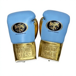 Wholesale No Boxing No Life Skyblue & Gold Real Cowhide <b>Leather</b> MMA Training Boxing Gloves Lace-Up Unisex Lightweight Breathable - Product Image 1
