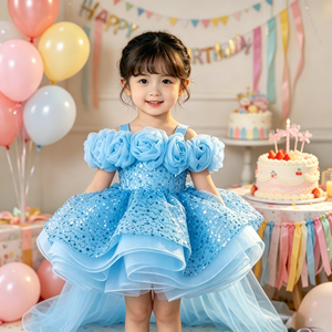 Abito da Principessa per Bambine con Applicazioni 3D di Rose Gialle, Vestito Estivo con Paillettes e Tulle per Feste - Product Image 5