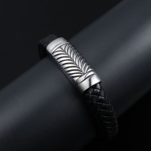 Men's Wheat Ear Leather Bracelet <b>Titanium</b> Steel Black Braided Plant Pattern Gift Jewelry CE538 - Product Image 4