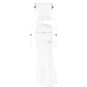 Robe longue sans manches à col rond en dentelle ajourée, style crop top, avec superposition transparente, robe de soirée à taille naturelle, origine Yiwu - Product Image 5