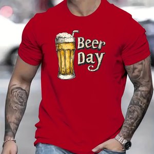T-shirt en coton imprimé Men Beer Day, manches courtes, coupe régulière, jersey respirant, haut décontracté d'été - Product Image 1