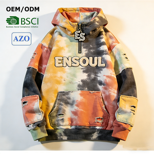 Sudadera con capucha para hombre con cremallera de cuarto, estilo streetwear desgastado, teñido anudado colorido, bordado de chenilla, fabricante BSCI AZO, OEM - Product Image 1