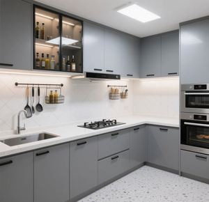 Gabinetes de Cocina Modernos en Forma de U SANTOPOVA en Gris con Encimera de Cuarzo Blanco y Electrodomésticos Integrados - Product Image 4