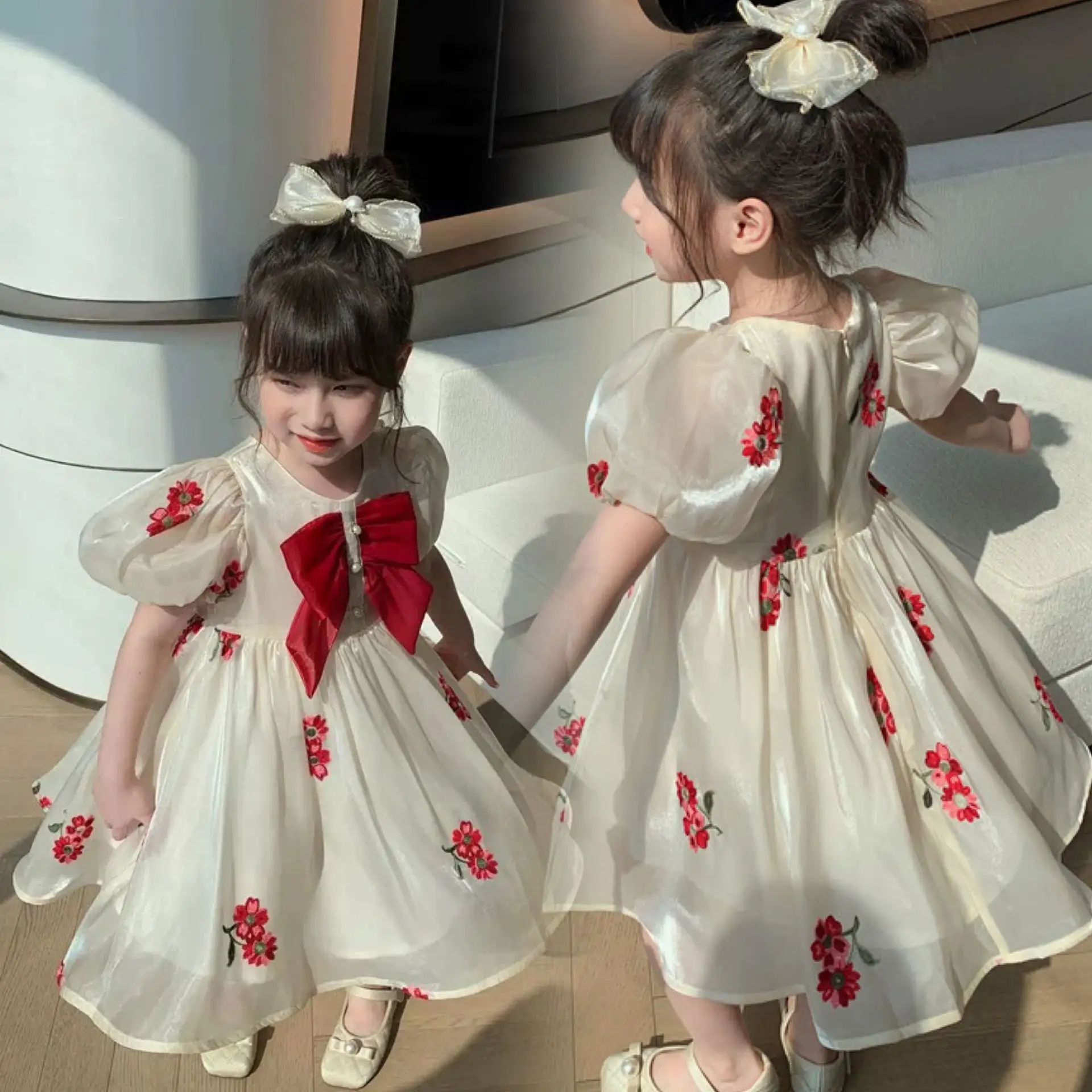 2-6 yıl çocuk giysileri kırmızı yay puf kısa kollu kızlar çiçek işlemeli çiçekler tatlı prenses kız elbise yaz için