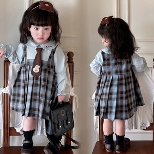 Girls Plaid Dress Long Sleeve School Style Princess Spring Autumn With Tie And Backpack For Toddler Kids - Product Image 1