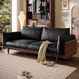 Genuine Leather Living Room <b>Sofa</b> Italian Minimalist Light Luxury Design With Black Walnut Solid <b>Wood</b> <b>Frame</b> For Home Use - Product Image 1