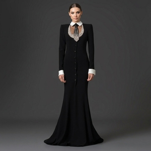<span class=keywords><strong>Robe</strong></span> de soirée <span class=keywords><strong>noire</strong></span> style smoking, col blanc, poignets perlés, cravate ornée, maille transparente, bretelles en cristal, coupe sirène, avant-gardiste, pour bal de promo <span class=keywords><strong>et</strong></span> soirée, longue - Product Image 1