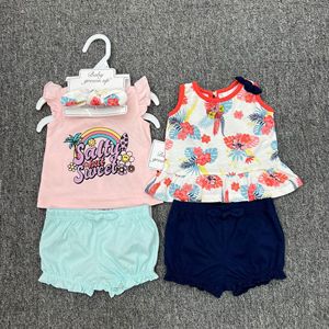 Ensemble de 5 pièces pour nouveau-né, haut à manches courtes et short à motifs assortis, tenue d'été avec accessoires assortis - Product Image 2