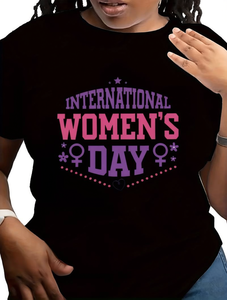 T-shirt per la Giornata Internazionale della Donna, da donna, a maniche corte, girocollo, vestibilità regolare, casual, con stampa di lettere, in tessuto jersey - Product Image 1