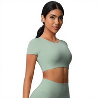 Ensemble de yoga pour femmes, haut court à manches courtes, leggings taille haute, vert sauge, séchage rapide, tenue de fitness sans couture