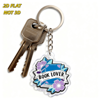 Porte-clés en acrylique pour les amoureux des livres, Livre bleu avec fleurs violettes et bannière, Breloque à bord transparent, Anneau métallique + Chaîne, pour clés ou fermeture éclair de sac