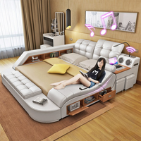 Juego de sofá cama King y Queen de cuero de lujo moderno, almacenamiento multifuncional, características de masaje, colchón doble, muebles de dormitorio