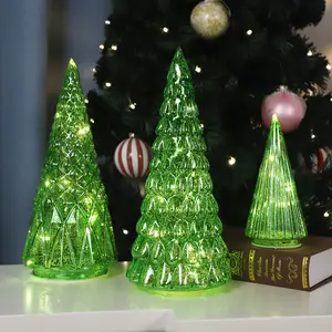 손으로 날려 작은 조명 유리 크리스마스 트리 도금 및 녹색 스프레이 유리 탁상 크리스마스 트리 LED 조명