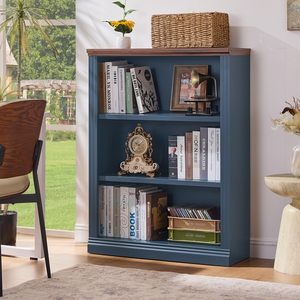 Estantería Alta Azul, Librería de <span class=keywords><strong>Madera</strong></span> <span class=keywords><strong>Gruesa</strong></span> de 3 Niveles con Estantes Ajustables, Librería Independiente Estilo Rústico con Almacenamiento - Product Image 1