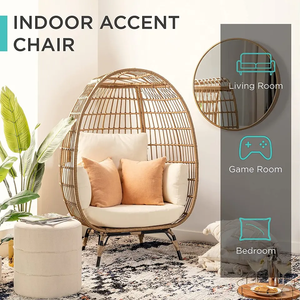 Chaise d'Appoint de Bohème Moderne Chaise Oeuf en Rotin Tissé à la Main avec Coussin en Peluche pour Salon ou Villa Usage Extérieur - Product Image 6