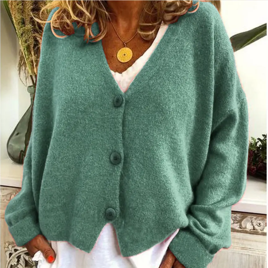 Fashion Casual Loose V-Neck Long Sleeve Open Sweater For Autumn Winter Female New Hot Sale With Button Cotton Sweaters Top