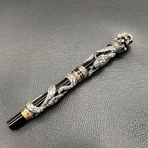 Inhao-pluma estilográfica de serpiente negra, pluma de caligrafía de diseño de metal sólido de estilo retro con cabeza de calavera